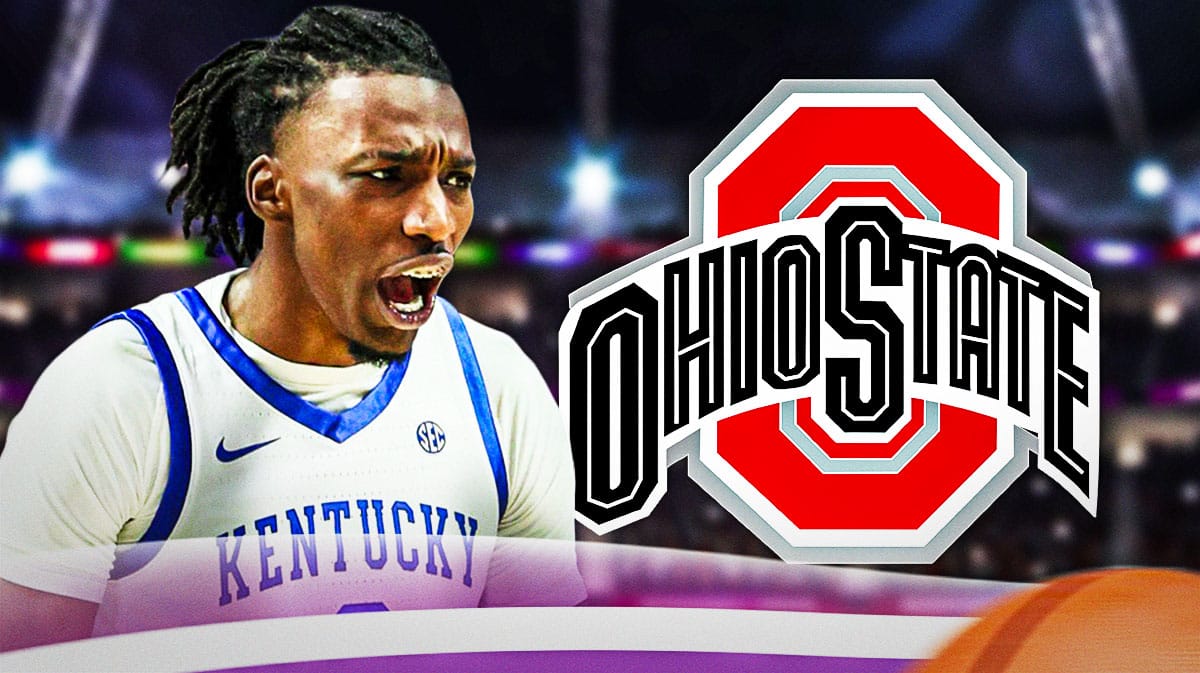Kentucky basketball's Aaron Bradshaw stands next to Ohio State logo with stats in background, transfer portal reports sit on sideline