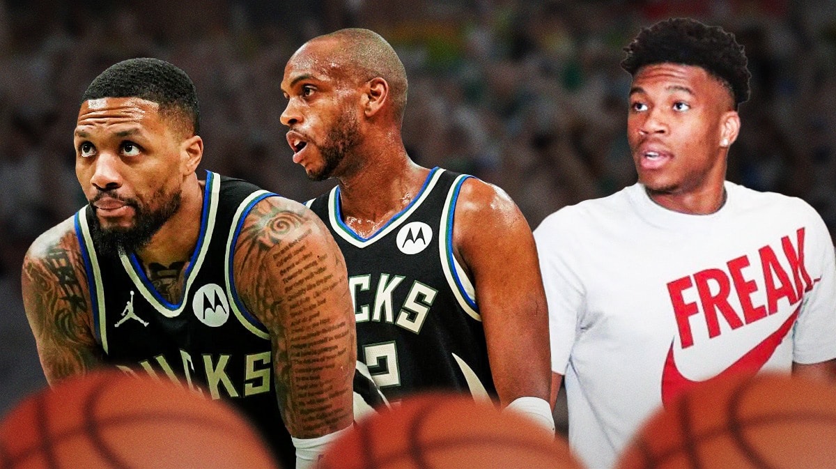 Bucks' Damian Lillard and Khris Middleton looking sad, with Giannis Antetokounmpo (in casual clothes) looking at them