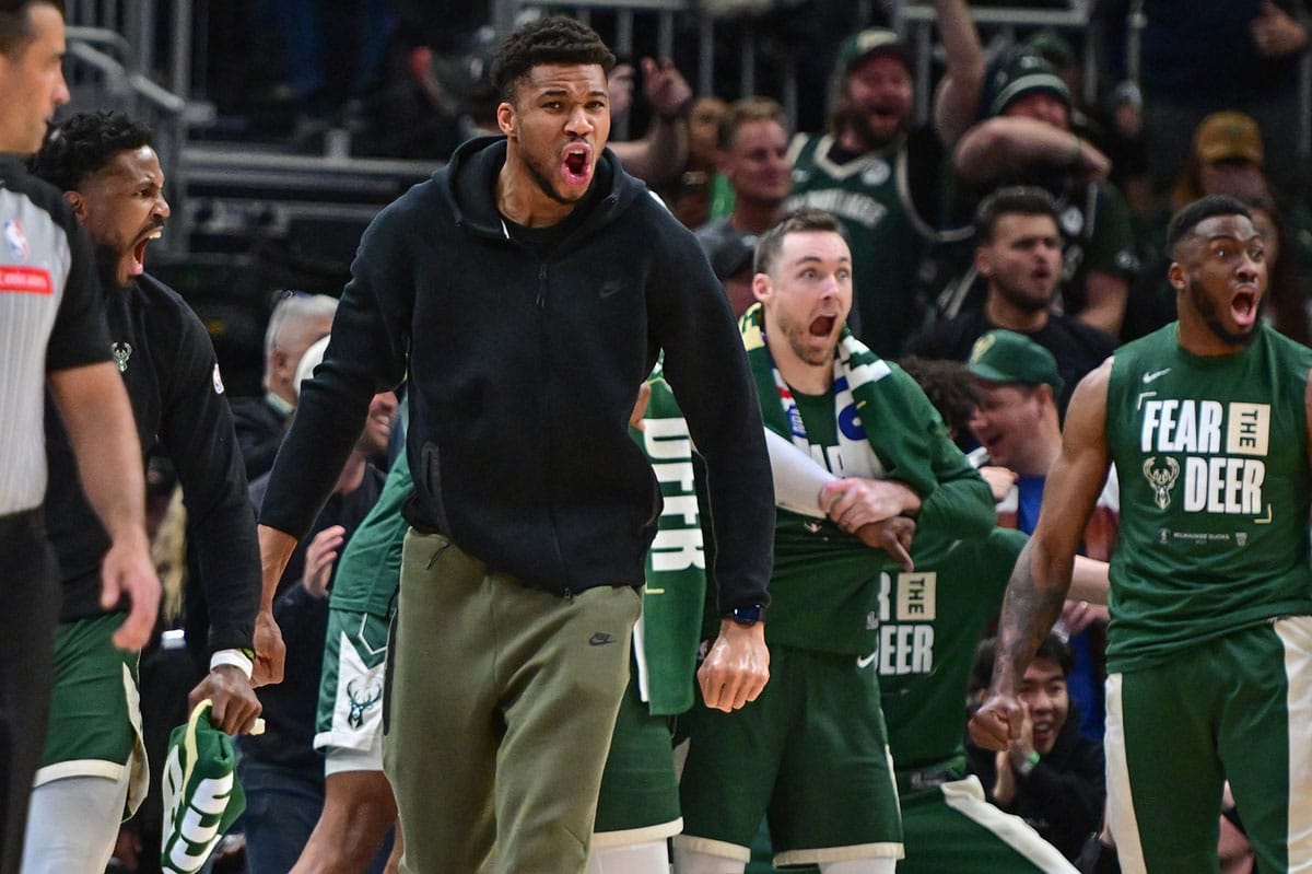 Milwaukee Bucks forward Giannis Antetokounmpo (34) reacts in the fourth quarter against the Indiana Pacers during game one of the first round for the 2024 NBA playoffs at Fiserv Forum.