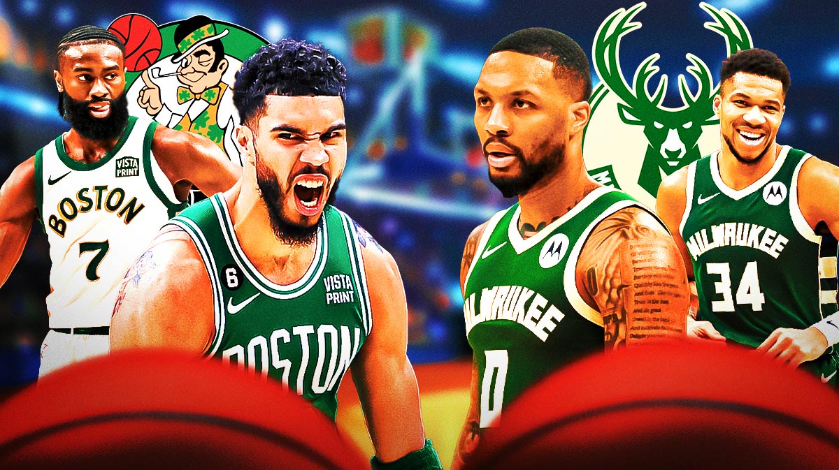 [NBA playoff picture] Celtics' Jayson Tatum and Jaylen Brown with Bucks' Damian Lillard and Giannis Antetokounmpo