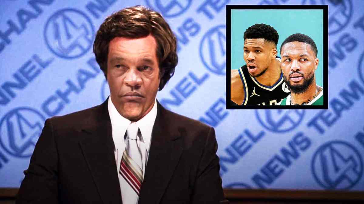 Doc Rivers (Bucks) as Ron Burgundy (keep the hair), replace all the content inside the box with head shots of Giannis Antetokounmpo and Damian Lillard with medical cross symbol between them