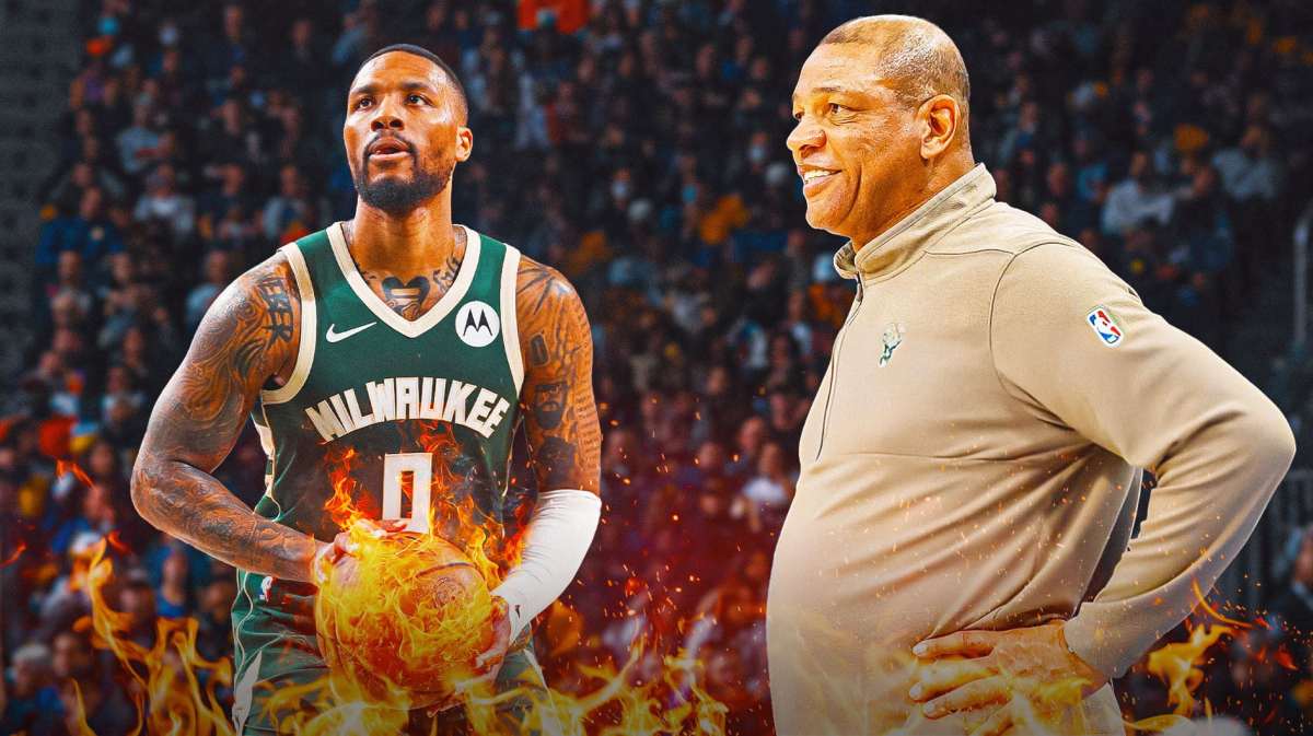 Damian Lillard in Milwaukee Bucks jersey with fire graphic, Doc Rivers smiling
