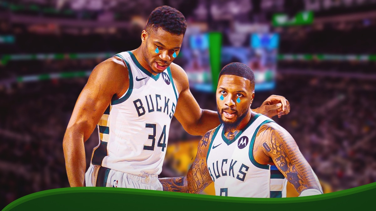 Giannis Antetokounmpo and Damian Lillard with animated tears.