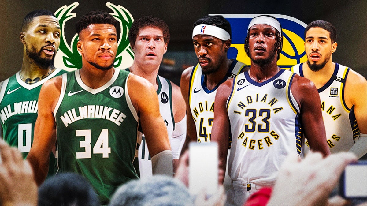Dame Lillard, Giannis Antetokounmpo, Brook Lopez, Bucks logo on one side. On other side is Tyrese Haliburton, Myles Turner, Pascal Siakam, Pacers logo.