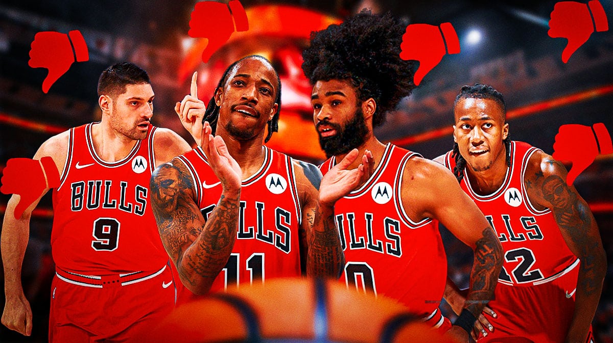 Bulls DeMar DeRozan, Coby White, Nikola Vucevic, and Ayo Dosunmu with thumbs down emojis all around.