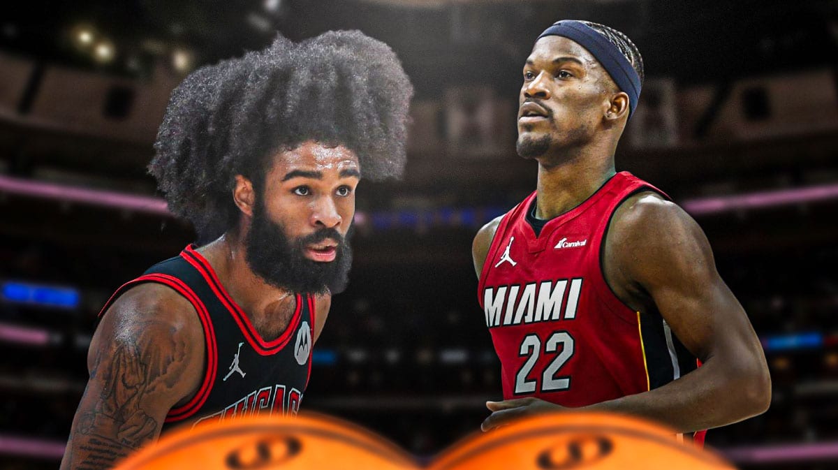 Chicago Bulls star Coby White next to Miami Heat star Jimmy Butler in front of the Kaseya Center.
