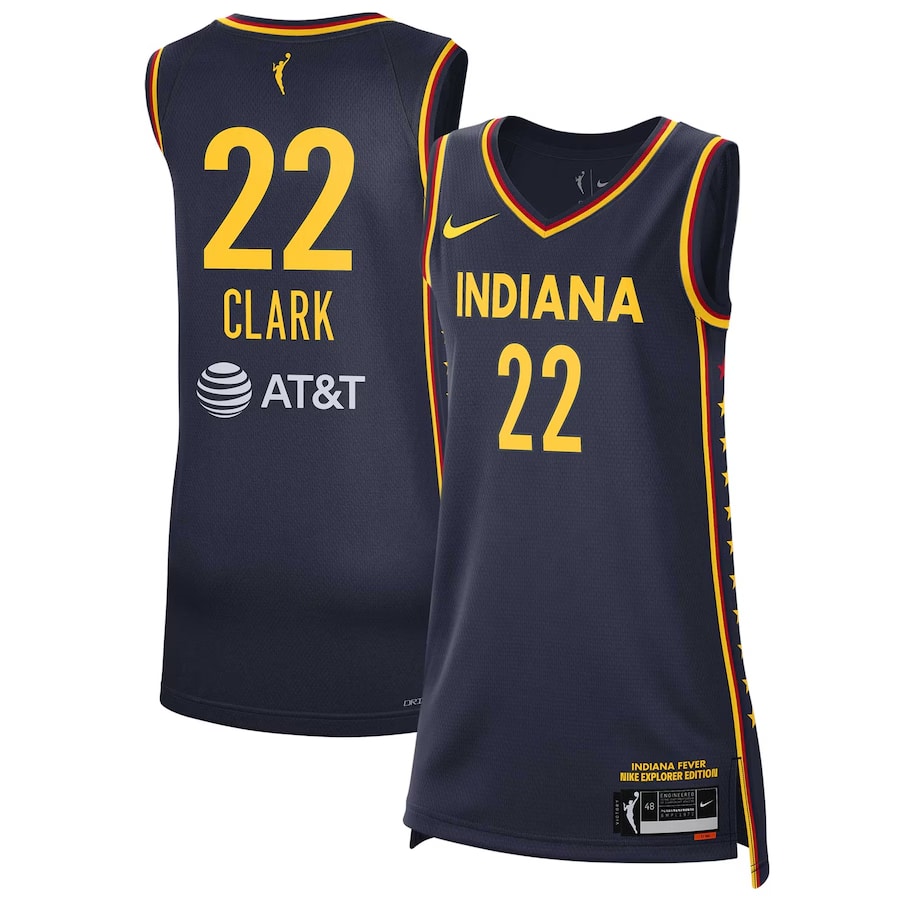 Caitlin Clark Indiana Fever Nike Unisex 2024 WNBA Draft Explorer Edition Victory Player Jersey - Navy colored on a white background.