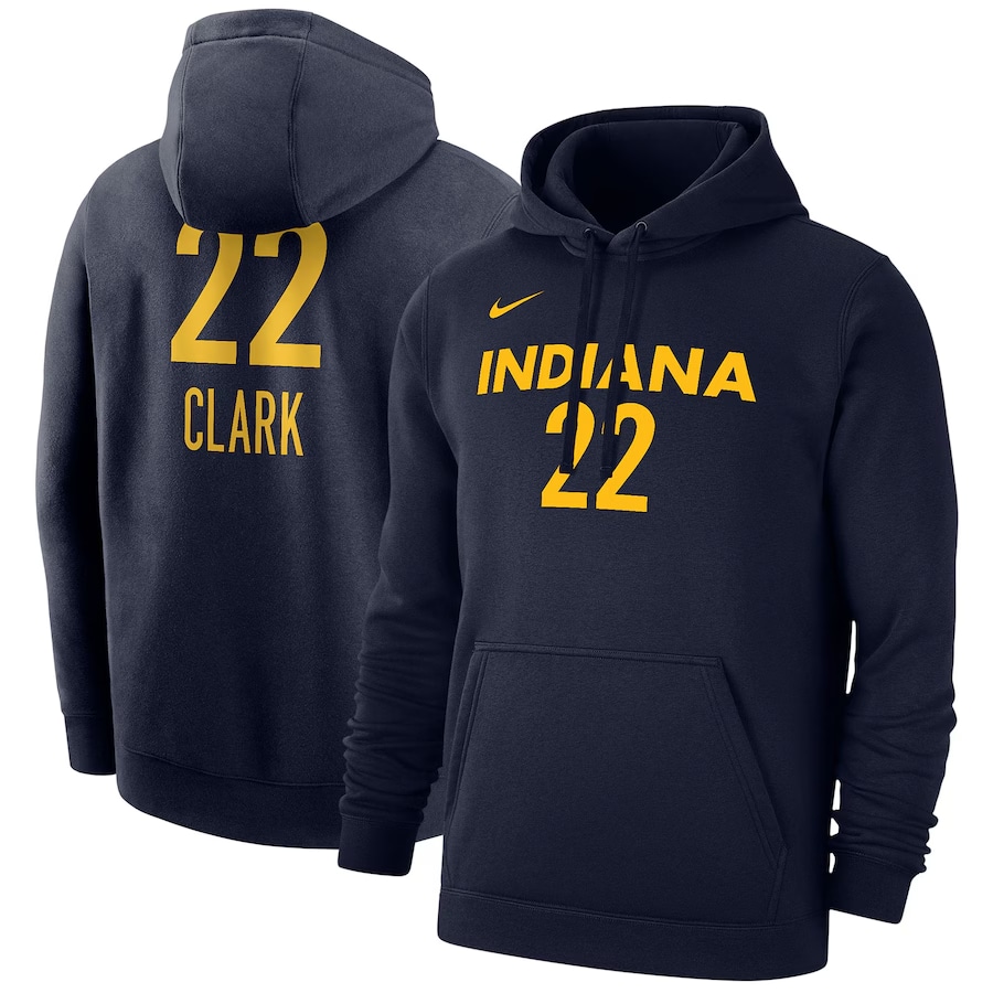 Caitlin Clark Indiana Fever Nike Unisex 2024 WNBA Draft Player Name & Number Pullover Hoodie - Navy colored on a white background.