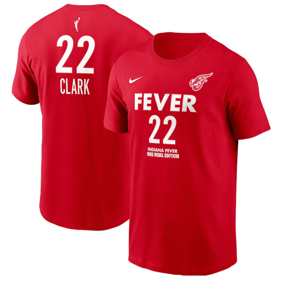Caitlin Clark Indiana Fever Nike Unisex 2024 WNBA Draft Rebel Edition Player Name & Number T-Shirt - Red color on a white background.