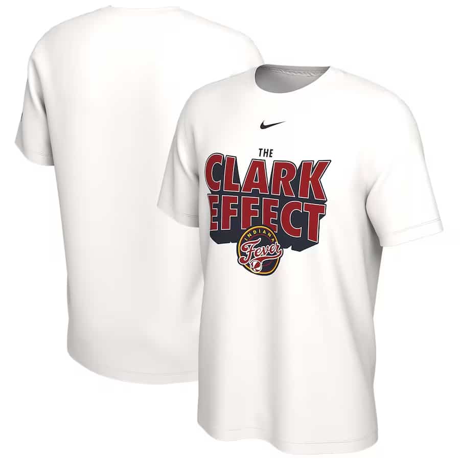 Caitlin Clark Indiana Fever Nike Unisex The Clark Effect T-Shirt - White color on a white background.