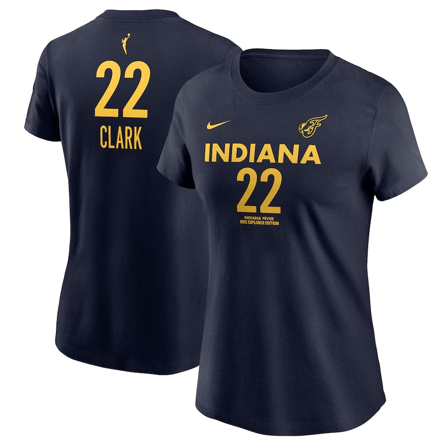 Caitlin Clark Indiana Fever Nike Women's 2024 WNBA Draft Explorer Edition Player Name & Number T-Shirt - Navy colored on a white background.