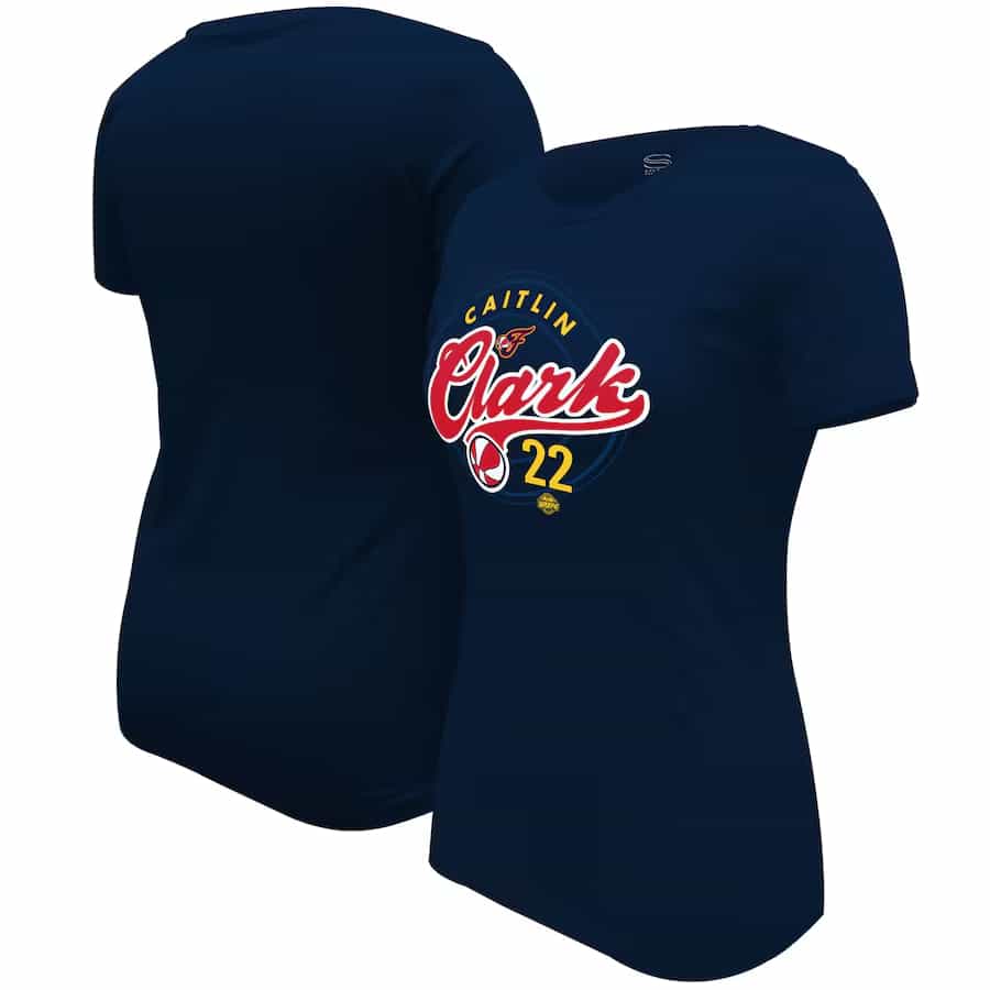 Caitlin Clark Indiana Fever Stadium Essentials Women's Runaway T-Shirt - Navy color on a white background.