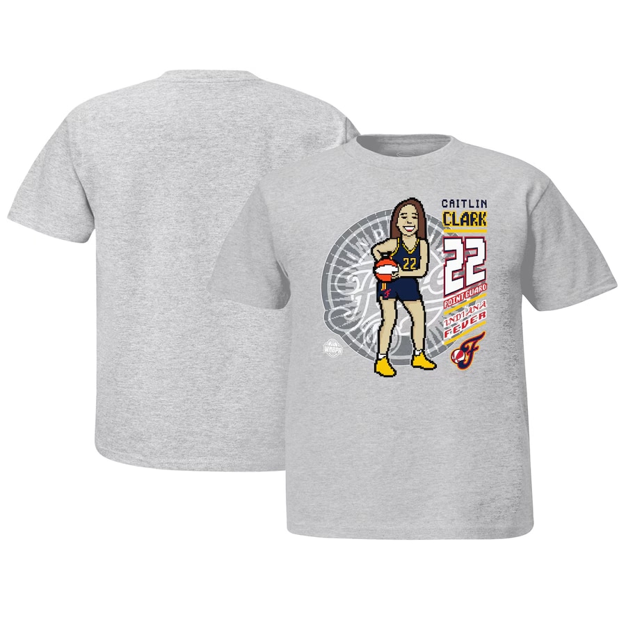 Caitlin Clark Indiana Fever Stadium Essentials Youth Player 8-Bit T-Shirt - Heather Gray color on a white background.