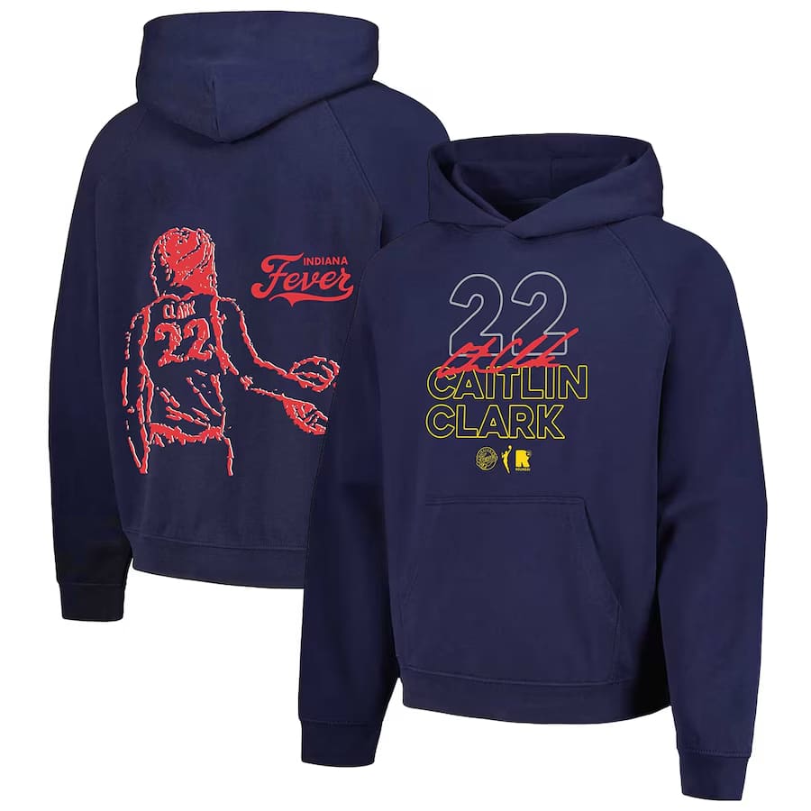 Caitlin Clark Indiana Fever round21 Unisex Indiana Bound Pullover Hoodie - Navy colored on a white colored background.