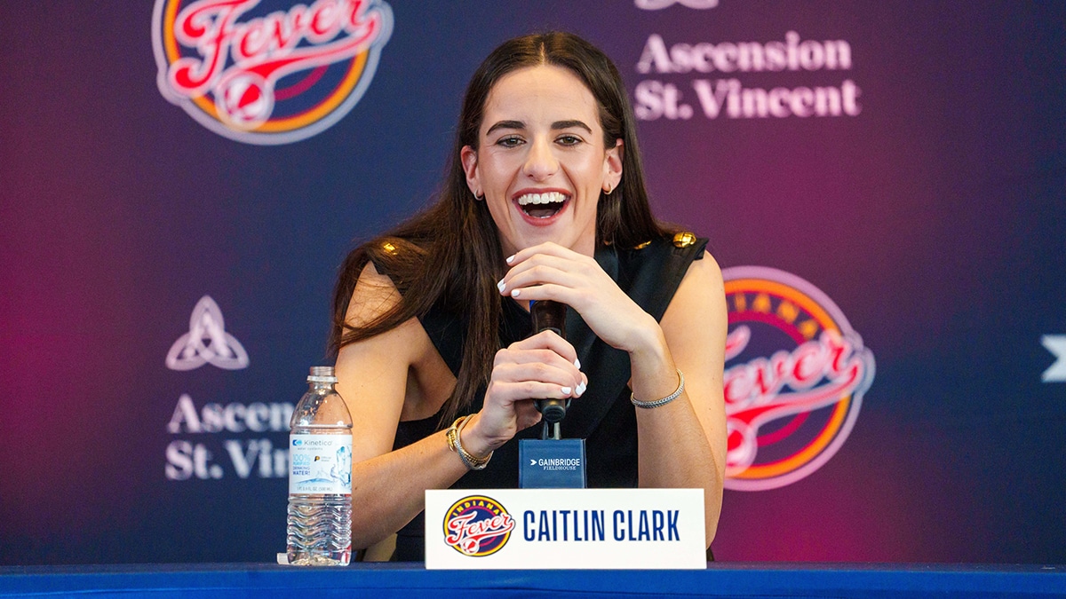 Indiana Fever player Caitlin Clark, former Iowa Hawkeye standout and the no. 1 pick in the 2024 WNBA draft, speaks Wednesday, April 17, 2024, during an introductory press conference inside the entry pavilion.
