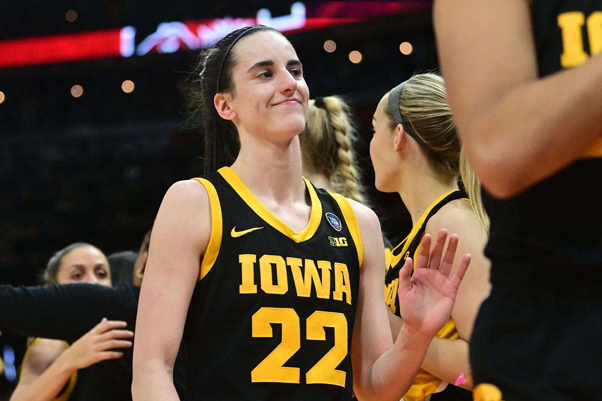 Iowa Hawkeyes guard Caitlin Clark (22) reacts after the game against the South Carolina Gamecocks in the finals of the Final Four of the womens 2024 NCAA Tournament at Rocket Mortgage FieldHouse.
