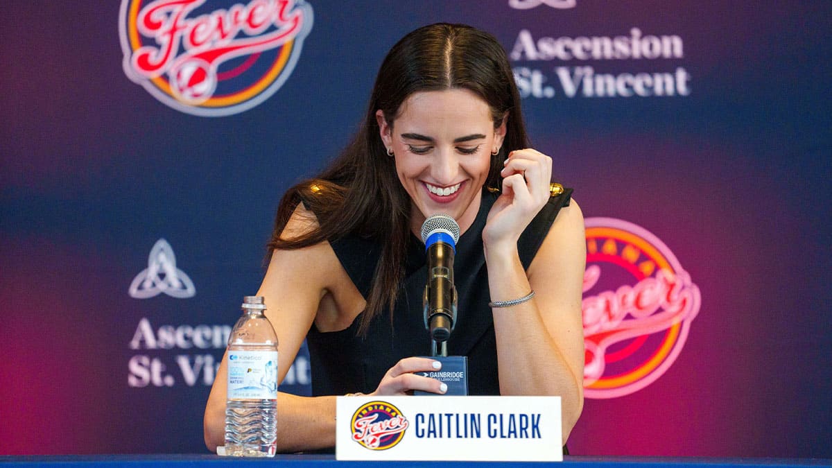 Indiana Fever player Caitlin Clark, former Iowa Hawkeye standout and the no. 1 pick in the 2024 WNBA draft, speaks Wednesday, April 17, 2024, during an introductory press conference inside the entry pavilion at Gainbridge Fieldhouse.