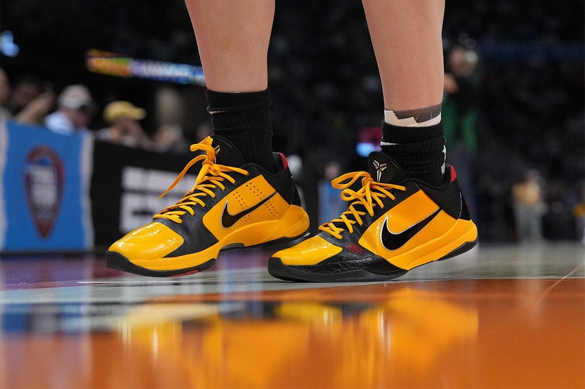 The Nike Kobe 5 Protro Bruce Lee shoes worn by Iowa Hawkeyes guard Caitlin Clark (22) are seen during practice at Rocket Mortgage FieldHouse.