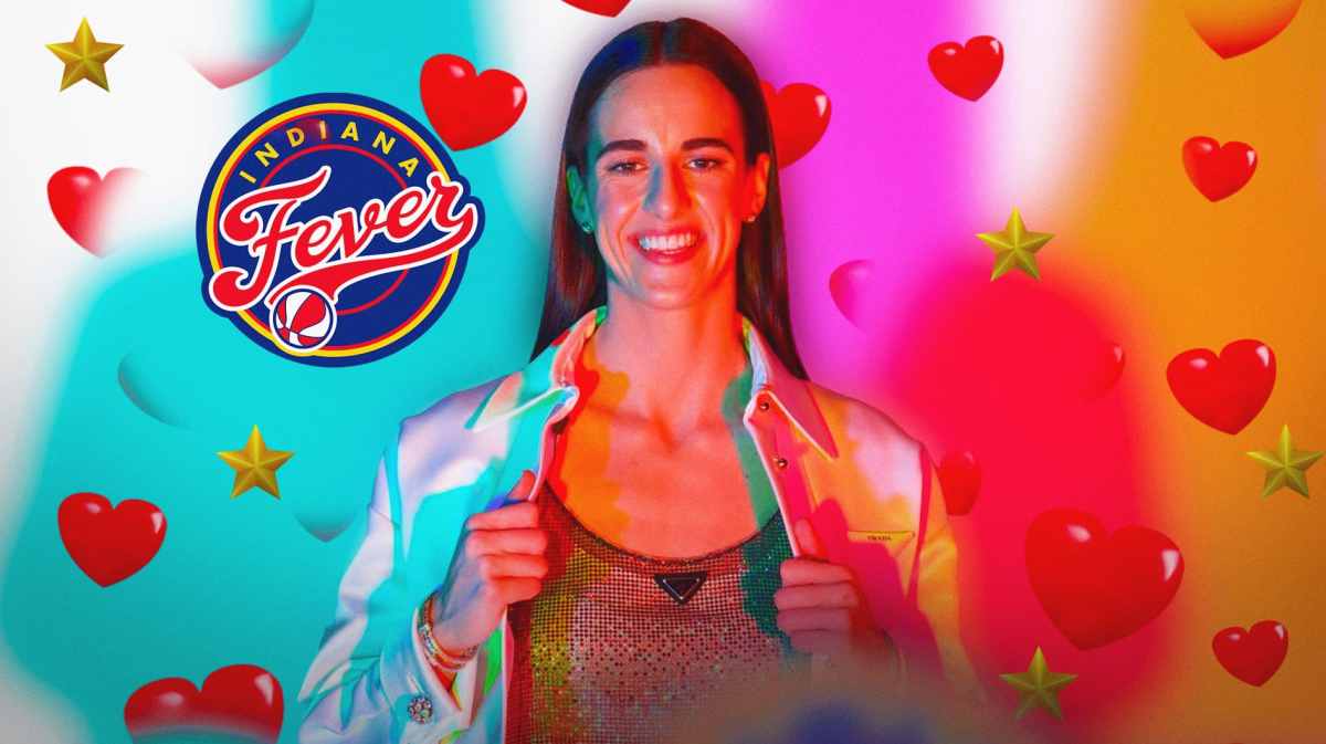 Iowa women's basketball player Caitlin Clark at the WNBA Draft, with the Indiana Fever logo, and hearts and stars surrounding Clark