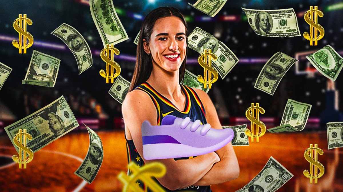 Basketball player Caitlin Clark holds up a shoe. She is surrounded by dollar bills and $ symbols