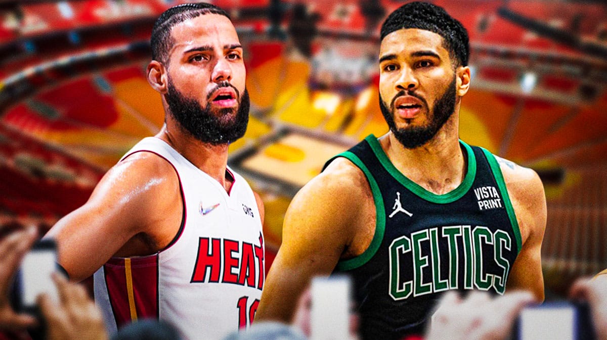 Miami Heat star Caleb Martin next to Boston Celtics star Jayson Tatum in front of the Kaseya Center.