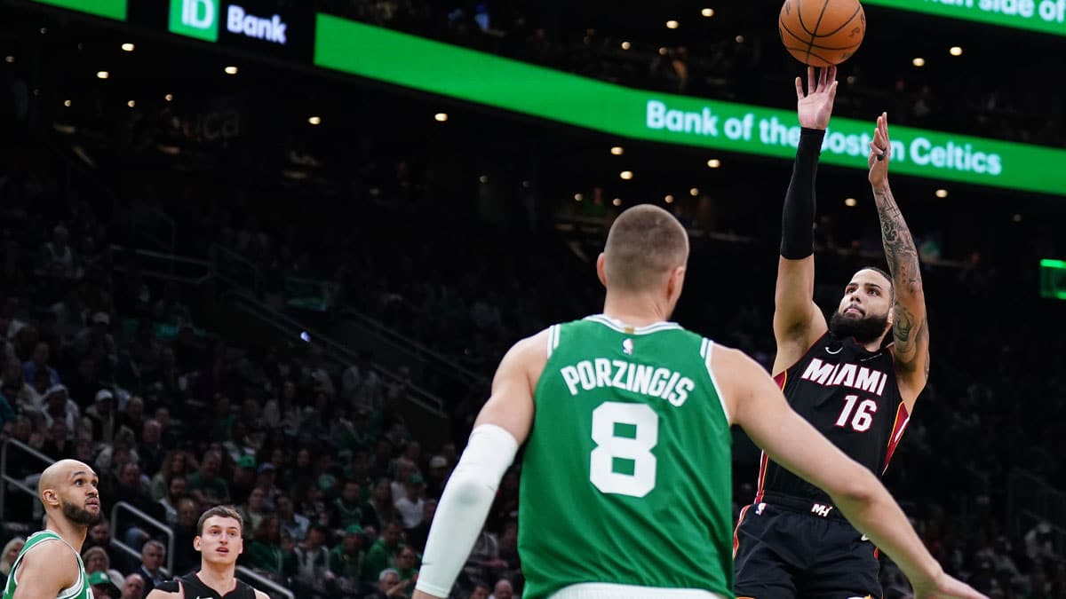 Miami Heat forward Caleb Martin (16) shoots against the Boston Celtics in the first quarter during game two of the first round for the 2024 NBA playoffs at TD Garden.