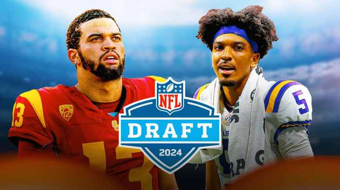 Caleb Williams in USC football jersey, Jayden Daniels in LSU football jersey