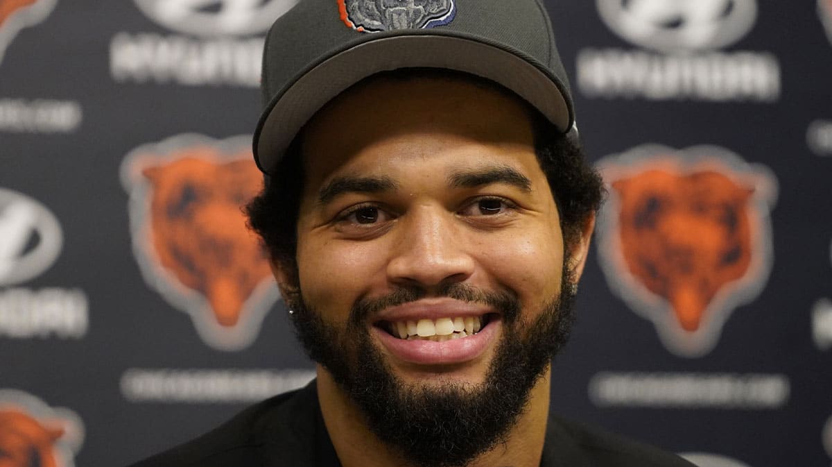 Chicago Bears number one draft choice Caleb Williams at a press conference at Halas Hall.