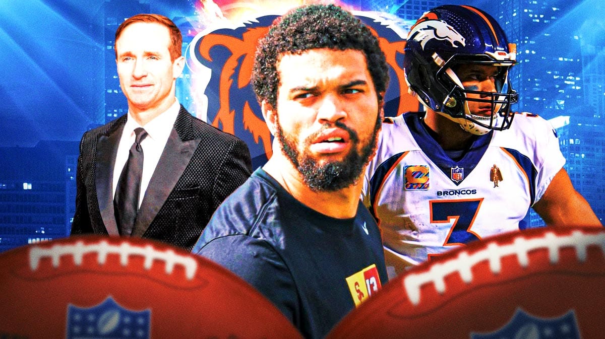 Caleb Williams in the middle, Drew Brees, Russell Wilson around him, and Chicago Bears wallpaper in the background