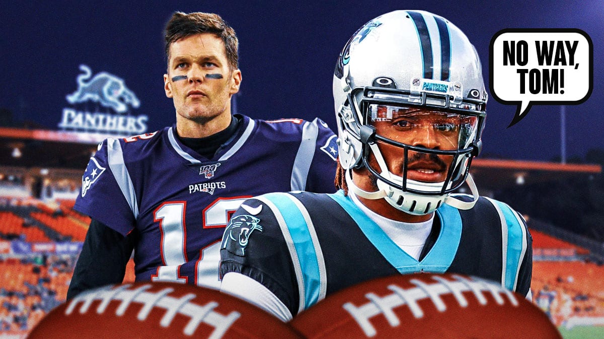 Former Carolina Panthers QB Cam Newton next to former New England Patriots QB Tom Brady. Newton has a speech bubble that says “No way, Tom!”