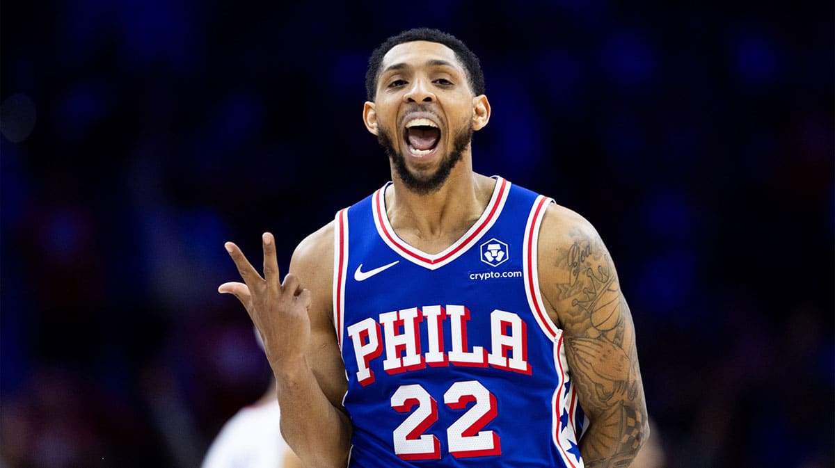Philadelphia 76ers guard Cameron Payne (22) reacts to his three pointer against the New York Knicks during the second quarter of game three of the first round for the 2024 NBA playoffs at Wells Fargo Center.