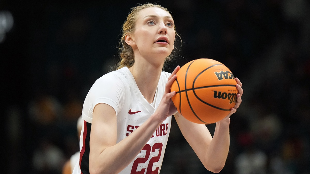 Stanford Cardinal forward Cameron Brink (22) shoots the ball against the Southern California Trojans the first half of the Pac-12 Tournament women's championship game