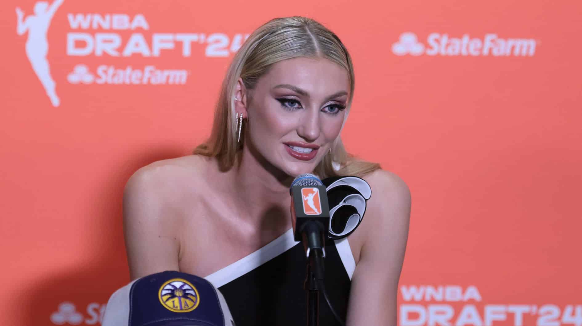 Cameron Brink speaks in a press conference after she is selected with the number two overall pick to the Los Angeles Sparks n the 2024 WNBA Draft at Brooklyn Academy of Music.