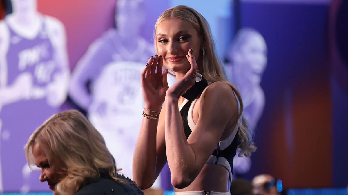Cameron Brink reacts after she is selected with the number two overall pick to the Los Angeles Sparks in the 2024 WNBA Draft