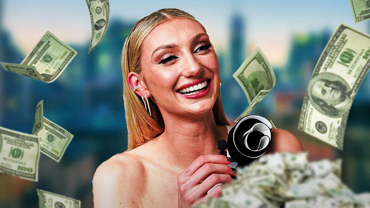 Cameron Brink surrounded by piles of cash.