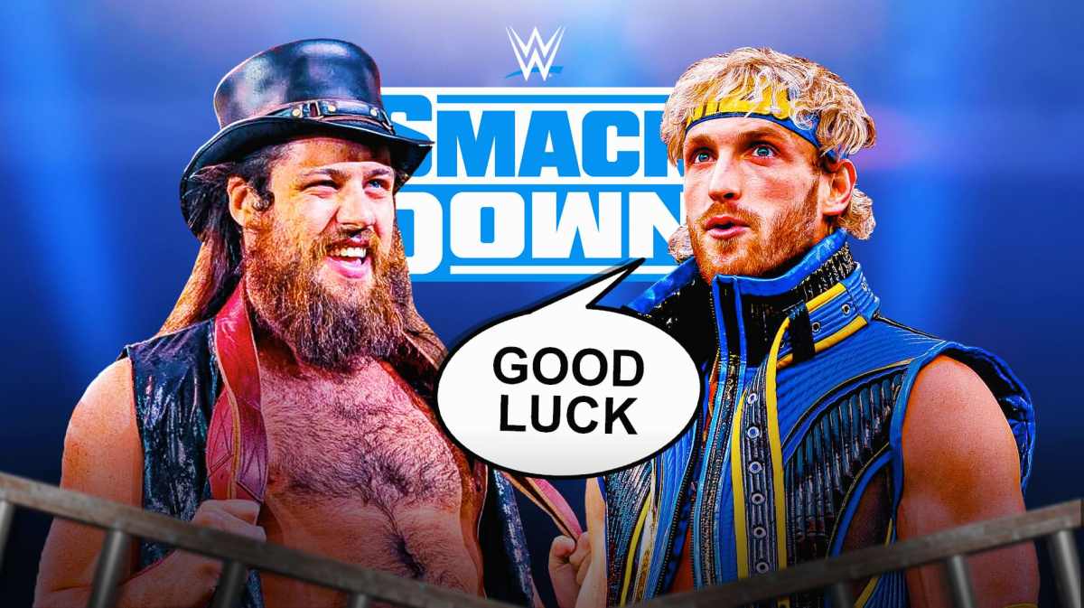 Logan Paul with a text bubble reading "Good Luck" next to Cameron Grimes with the SamackDown logo as the background.
