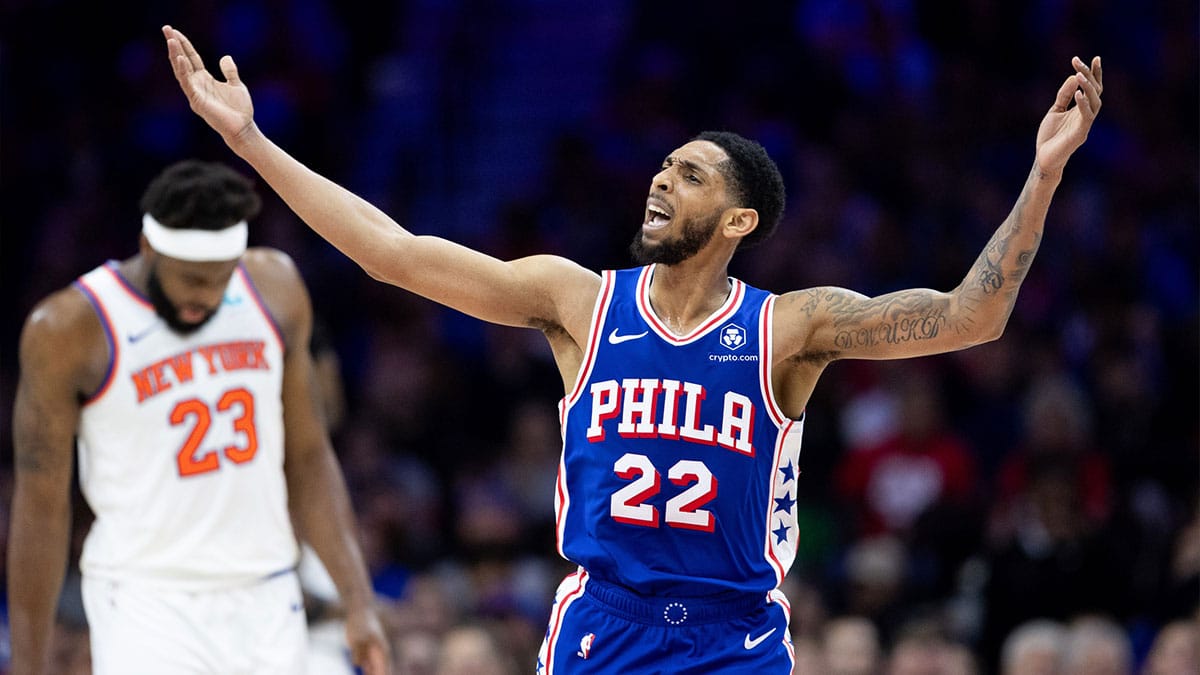 Philadelphia 76ers guard Cameron Payne (22) reacts after a score against the New York Knicks during the second quarter of game three of the first round for the 2024 NBA playoffs at Wells Fargo Center