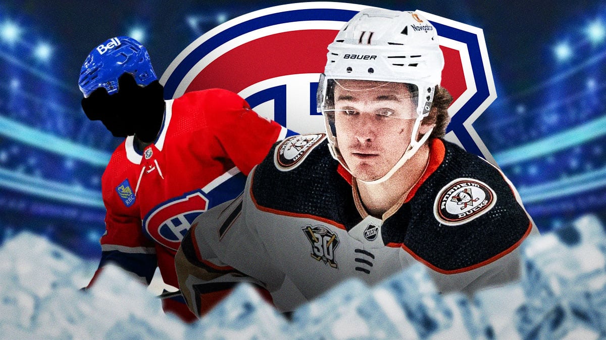Trevor Zegras in middle looking stern, one silhouetted Montreal Canadiens player on each side, Montreal Canadiens logo in image, hockey rink in background