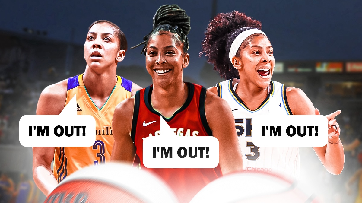 Candace Parker in an Aces jersey, Sky jersey, Sparks jersey (so 3 different cutouts) saying "I'm out!"