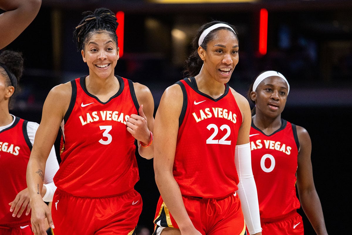 Las Vegas Aces forward Candace Parker (3) and forward A'ja Wilson (22) celebrates the win against the Indiana Fever.