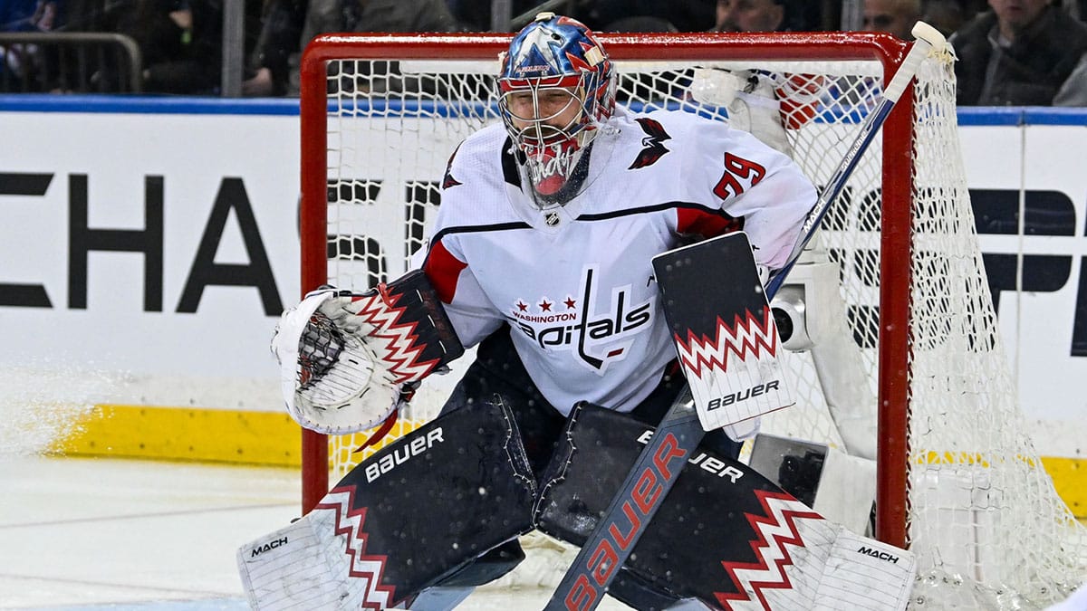 Washington Capitals goaltender Charlie Lindgren (79) makes a save against the New York Rangers during the third period in game two of the first round of the 2024 Stanley Cup Playoffs at Madison Square Garden.