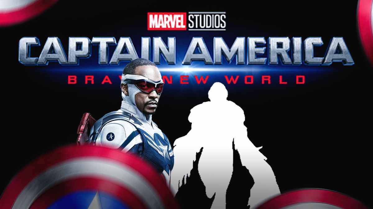 Anthony Mackie and silhouette of Danny Ramirez as Falcon with MCU Captain America 4 (Brave New Yorld) logo.