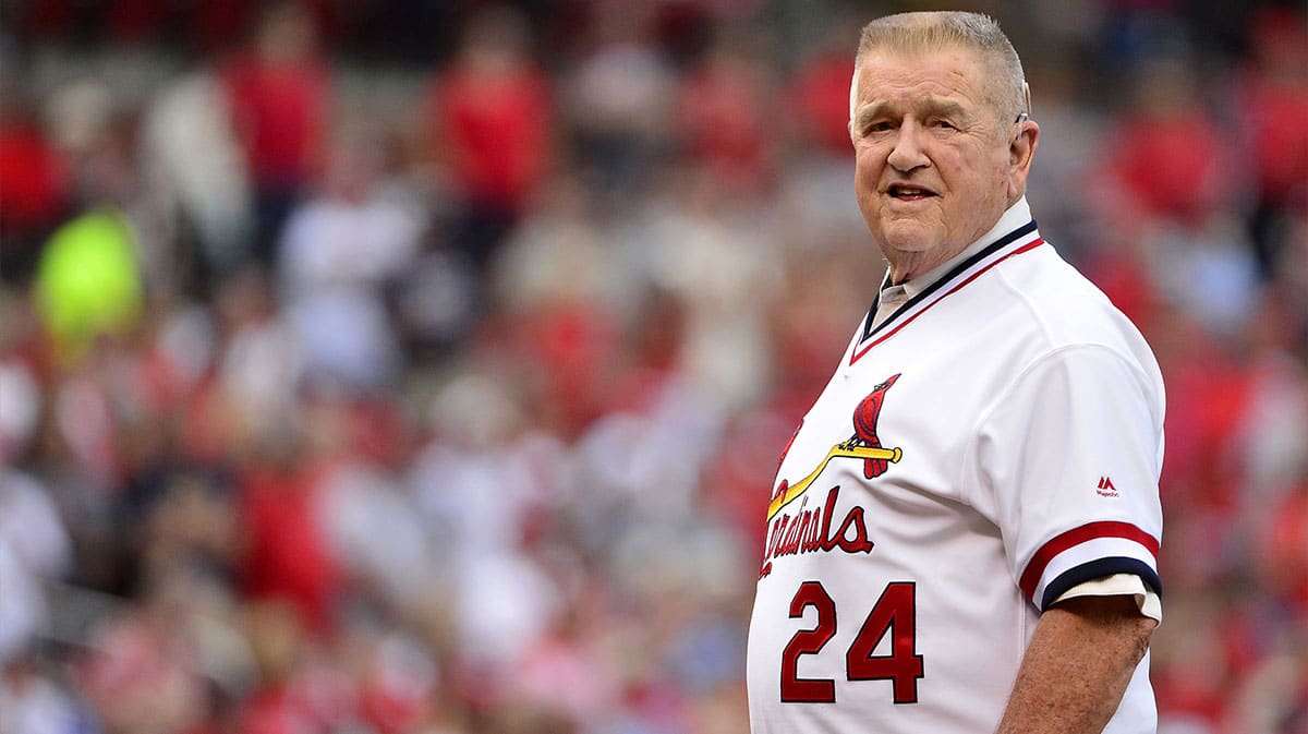 St. Louis Cardinals former manager Whitey Herzog looks on during a ceremony to honor the 1987 Cardinals team prior to a game against the Atlanta Braves at Busch Stadium.
