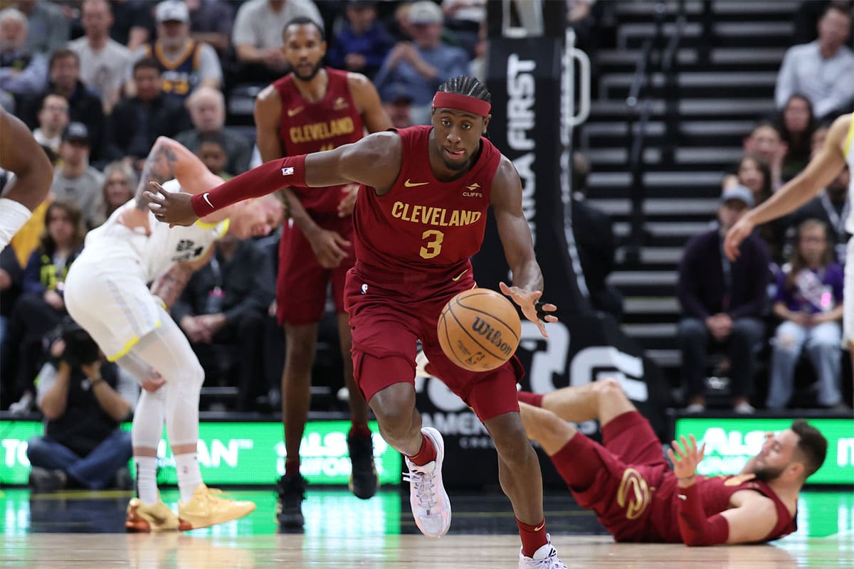 Salt Lake City, Utah, USA; Cleveland Cavaliers guard Caris LeVert (3) brings the ball up the court against the Utah Jazz during the second quarter at Delta Center. 