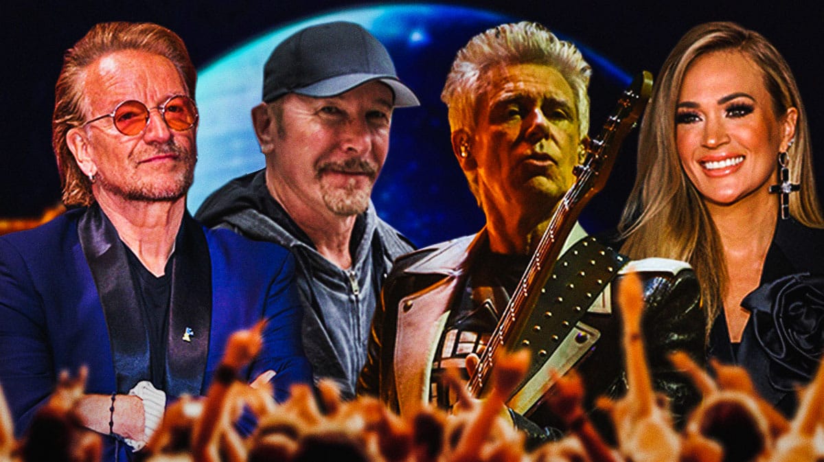 U2 members Bono, The Edge, and Adam Clayton with carrie Underwood and Sphere background.