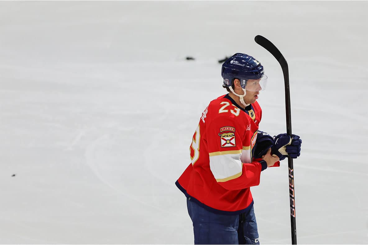 Florida Panthers center Carter Verhaeghe (23) looks on after an overtime win against the Tampa Bay Lightning in game two of the first round of the 2024 Stanley Cup Playoffs at Amerant Bank Arena.