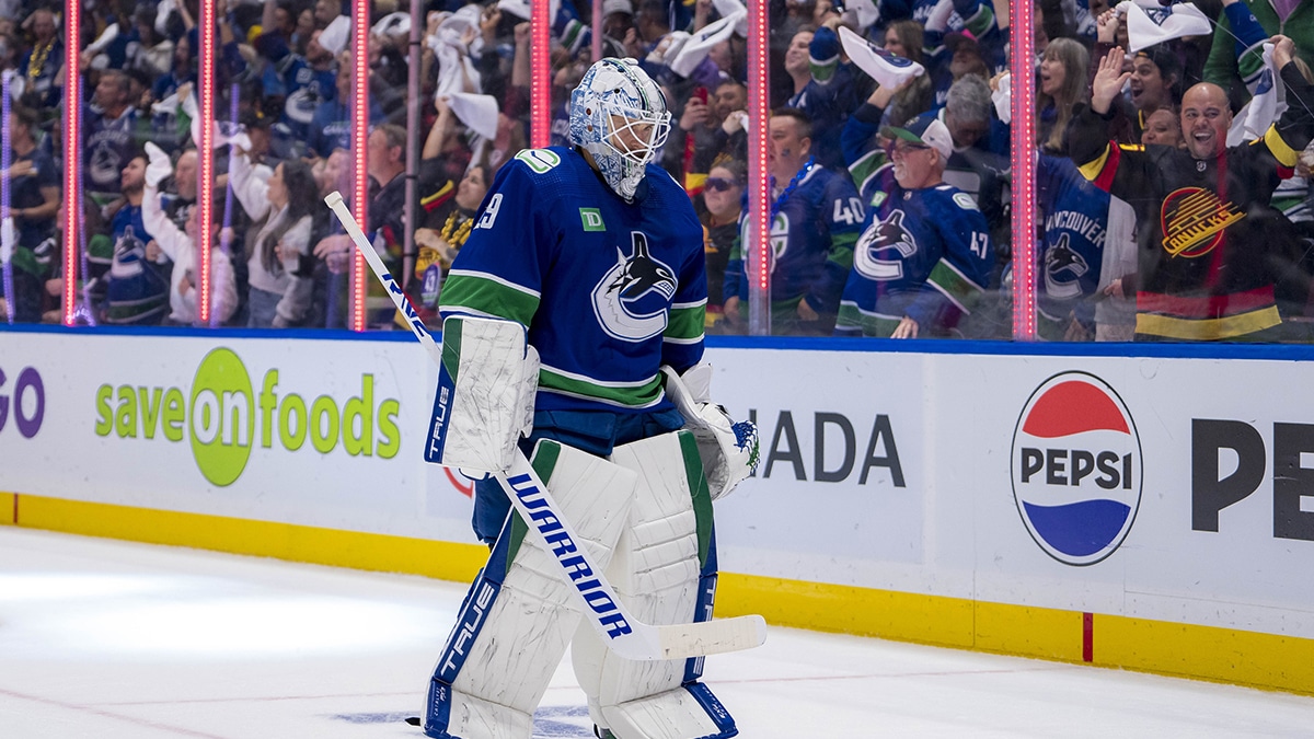 Vancouver Canucks goalie Casey DeSmith (29) skates while the fans celebrate a goal scored by defenseman Nikita Zadorov (not pictured) against the Nashville Predators during the second period in game two of the first round of the 2024 Stanley Cup Playoffs at Rogers Arena