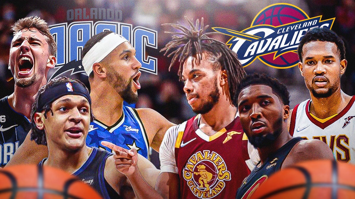 Paolo Banchero, Franz Wagner, Jalen Suggs, Magic logo on one side. On other side is Donovan Mitchell, Evan Mobley, Darius Garland, Cavaliers logo.