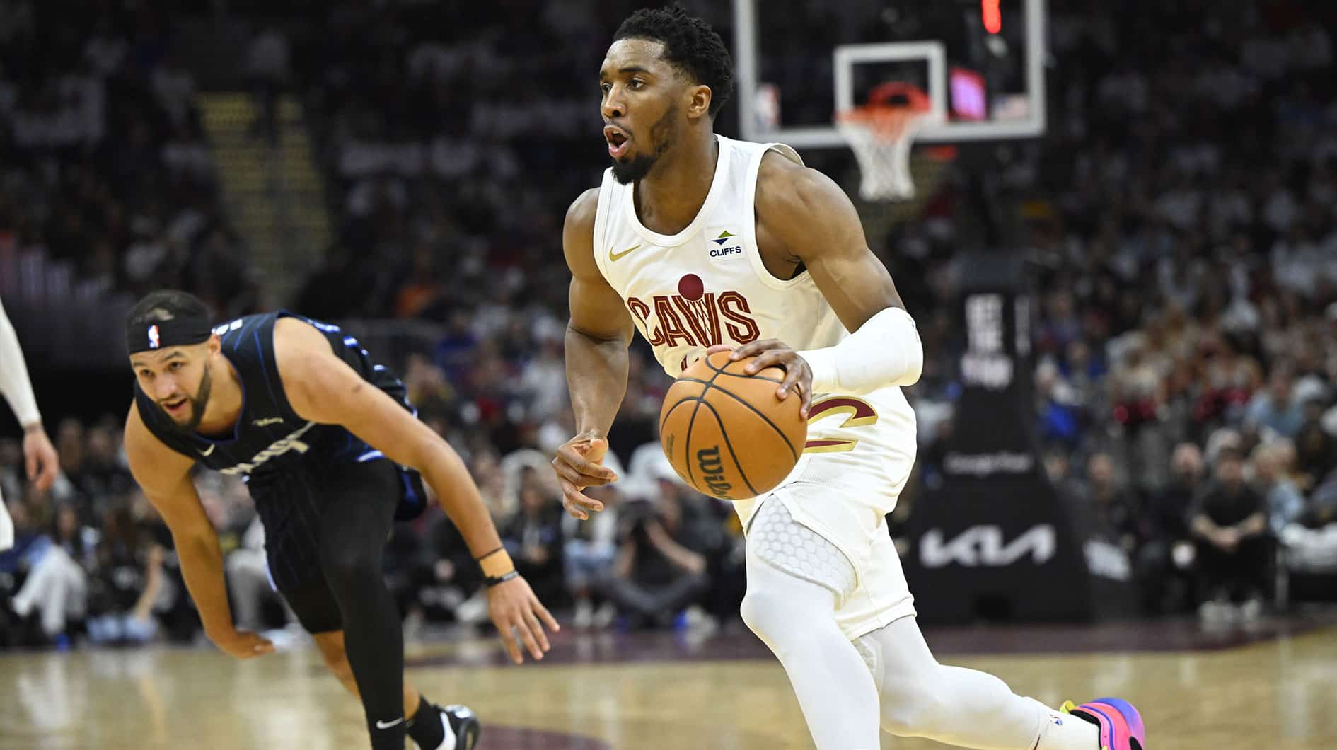 Cleveland Cavaliers guard Donovan Mitchell (45) dribbles the ball in the second quarter against the Orlando Magic