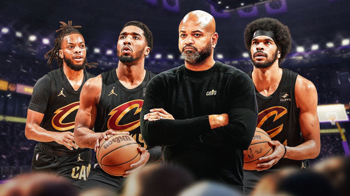 Featured image: Donovan Mitchell, Jarrett Allen, Darius Garland in action in Cavs jerseys, JB Bickerstaff standing in the front